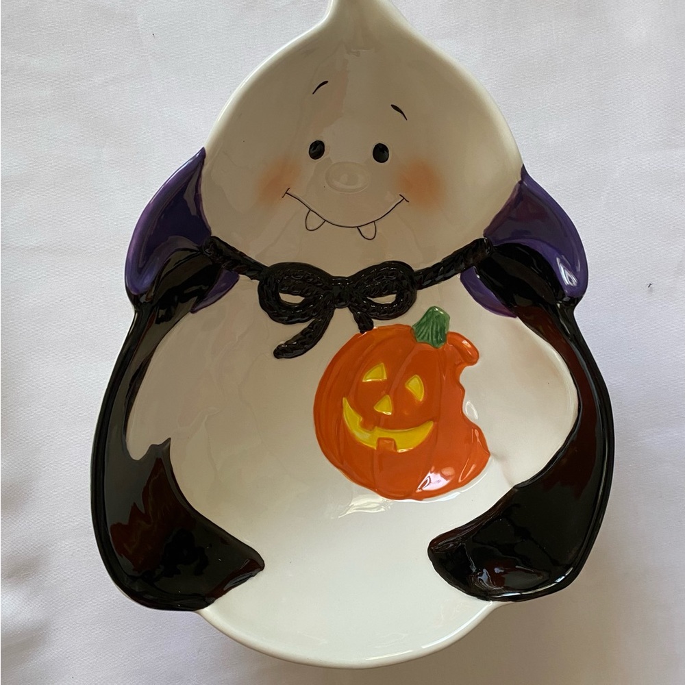 Hallmark White Ghost /Ghostula Vampire Ceramic Candy Dish Pumpkin
